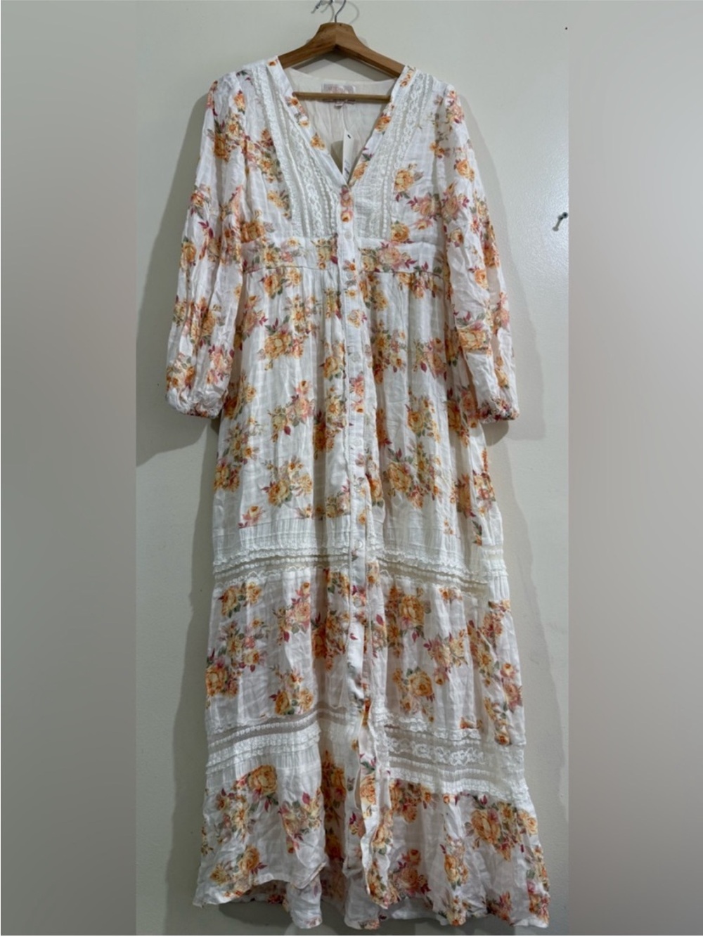Audrey parks White Floral Maxi Dress with Lace Trim